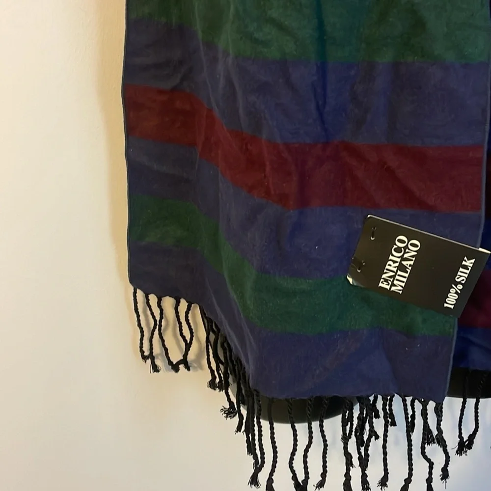 Enrico Milano Reversible Striped Silk Scarf Fringe OS Navy Maroon Green